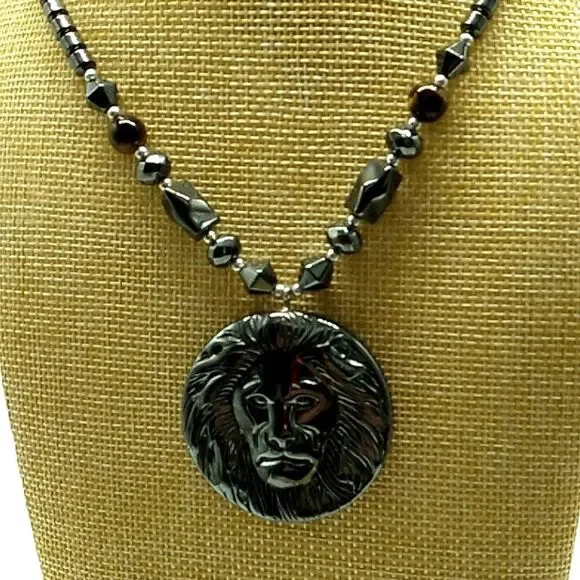 Men's/Unisex Hematite Beads & Lion's Head Pendant Necklace w/2 Cat's Eye Beads - Picture 8 of 14